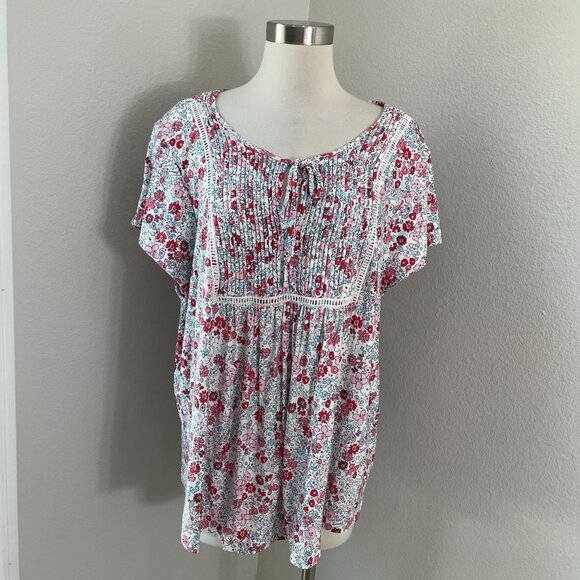 Tommy Hilfiger Womens Plus 2X Floral Short Sleeve Blouse Pleated Front Boho Top - Picture 1 of 8